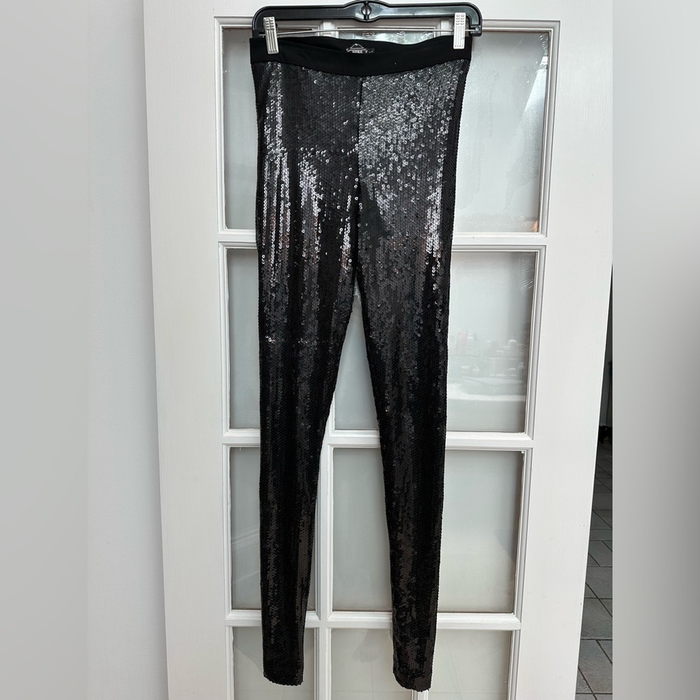 Vintage Avenue Montaigne Y2K Glamorous Black Sequin Cassis Leggings Size 4 S - Picture 3 of 11